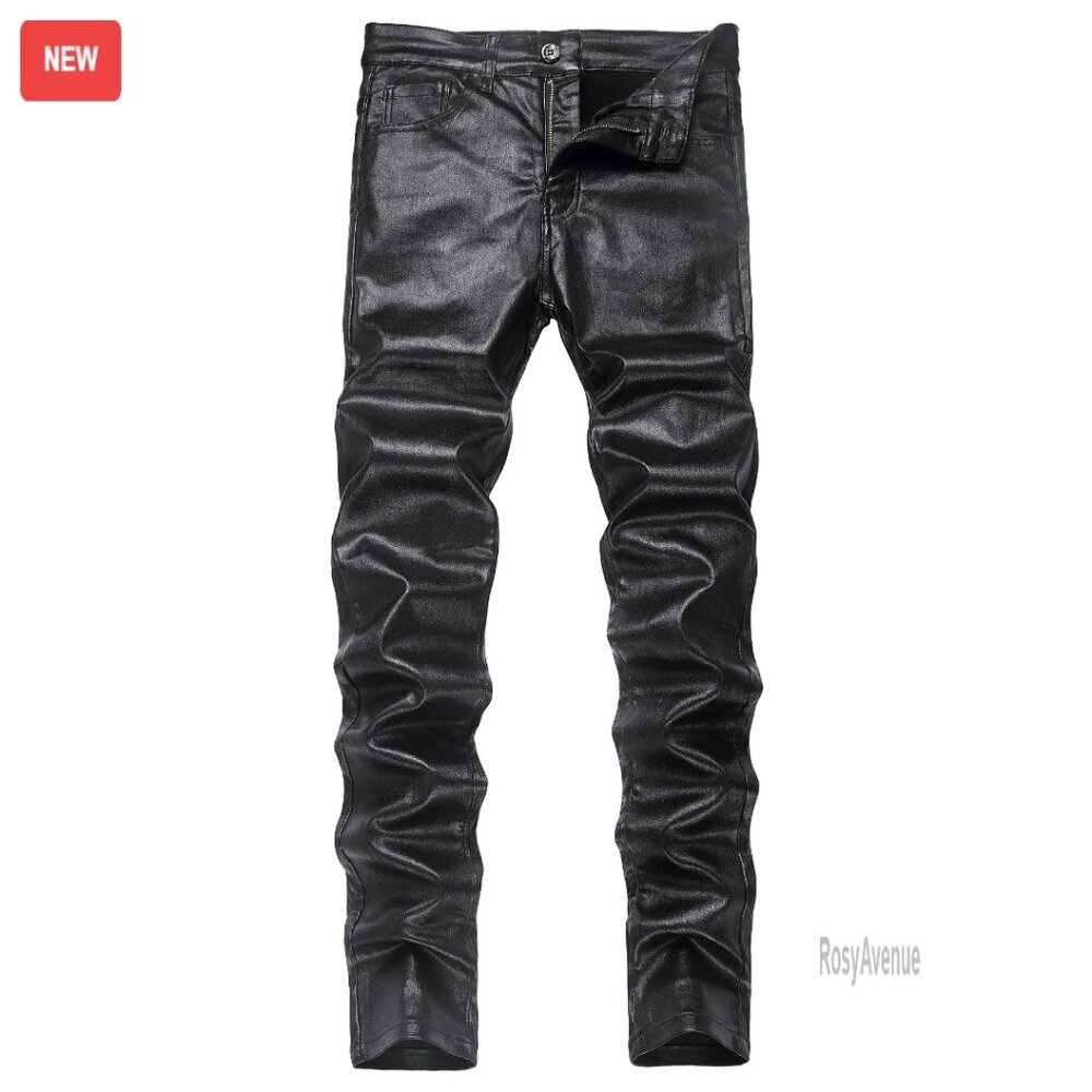 Men's Faux Leather Skinny Pants Stretch Slim Fit Night Club Party